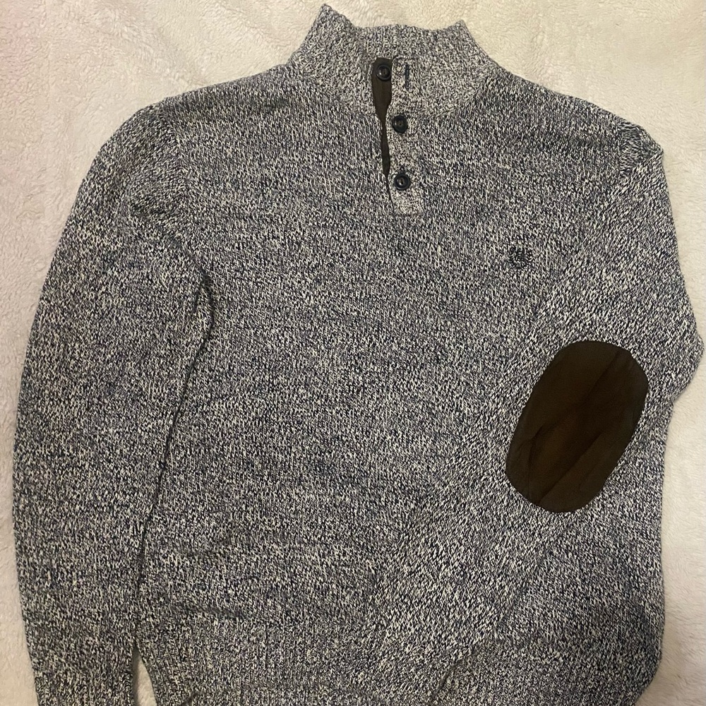 Chaps Gray Zip-Up Sweater with Brown Elbow Patches